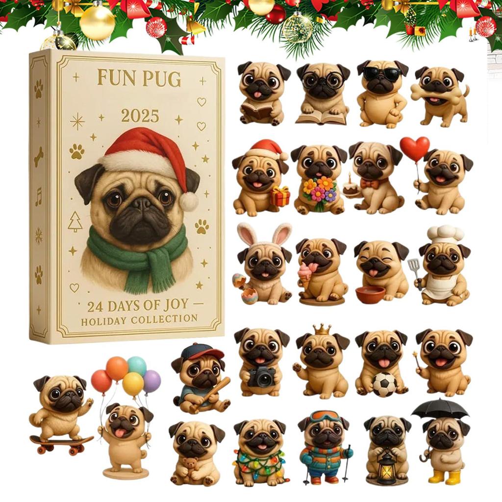 2025 24 Days Pug Christmas Advent 2D Acrylic Pet Seasonal Decor Pug Tree Ornament Countdown Calendar For Home Kids Adults Gifts
