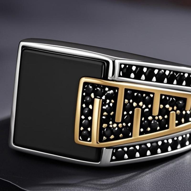 Luxury Classic Square Men's Ring, Electroplated Two-color Oil Drop Black Diamond Retro Versatile Striped Men's Ring New