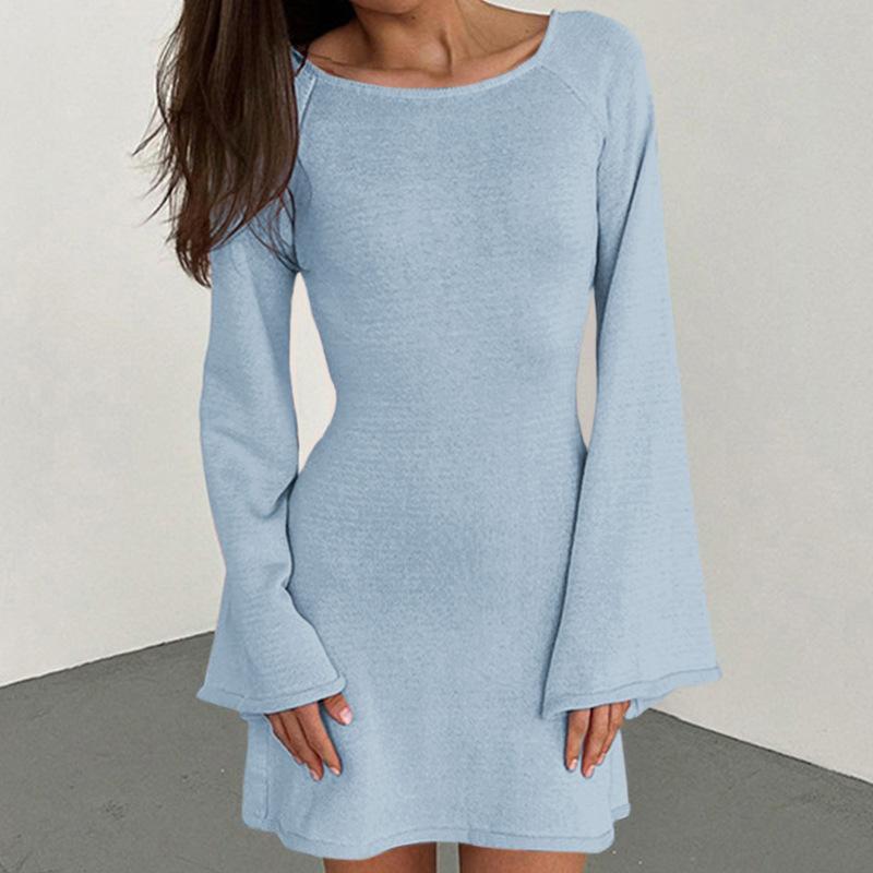 Neckholder Rundhalsbluse Einfarbig Gestrickt Ausgestellter Ärmel Strandkleid