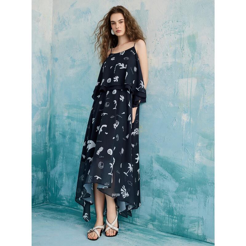 ELLE Women's Ruffle Print Chiffon Strap Maxi Dress