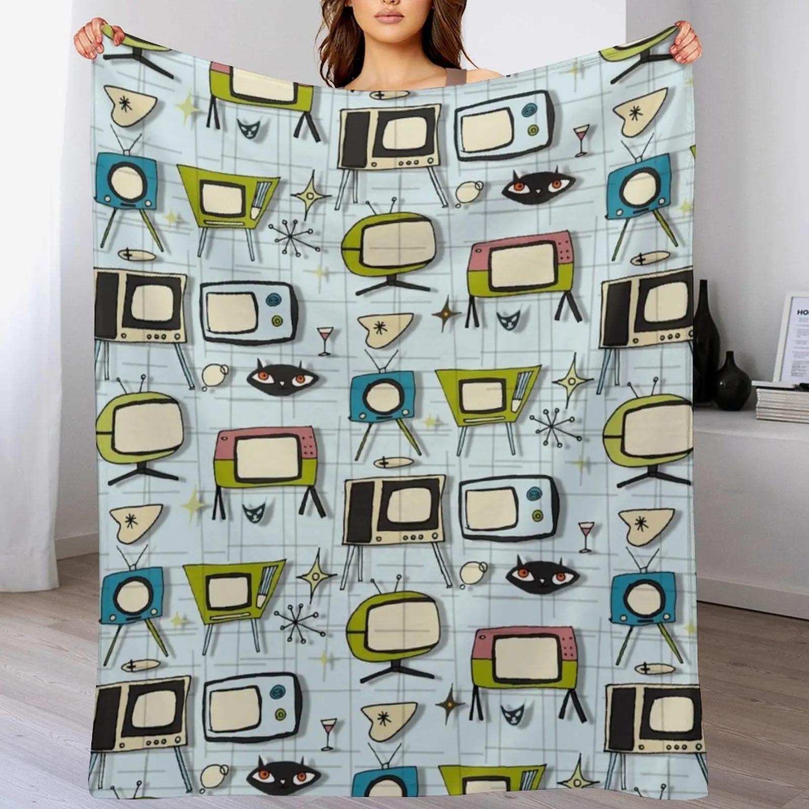 

Retro Tv Blue midcentury Throw Blanket Thin Soft Blanket for Summer Night Sleeping 102x76cm(40x30in)