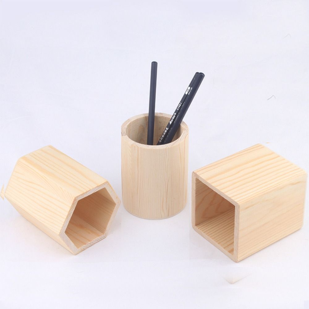 Wooden Pen Container Round/Hexagonal/Square Makeup Brush Holder Desktop Organizer  Gift