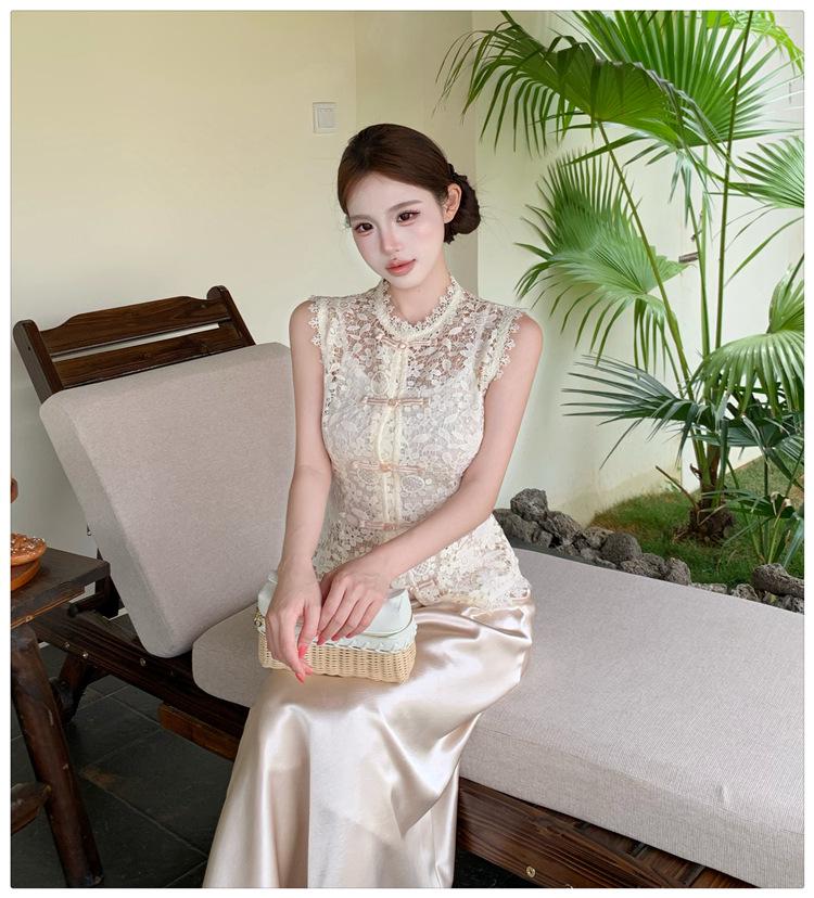 Summer 2026 Elegant Three-Piece Set: Lace Embroidered Top with Straps, High-End Satin Mermaid Skirt.