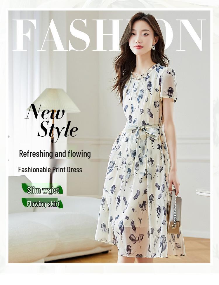 2026 Summer Silk Goddess Style Printed Short-Sleeve Loose Dress for Women