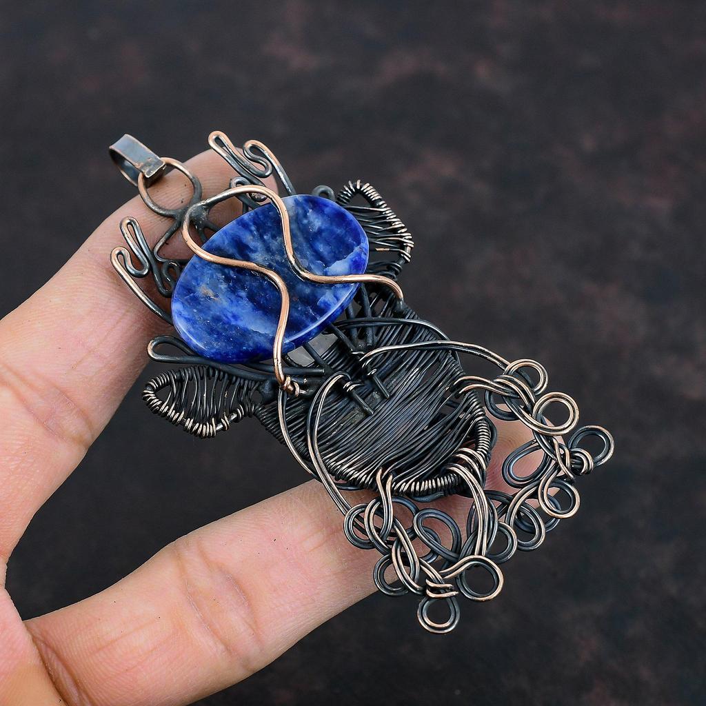 Sodalite Pendant Copper Wire Wrapped Rainbow Moonstone Pendant Wire Wrap Gemstone Jewelry Handmade Deer Face Pendant Copper Jewelry For Gift