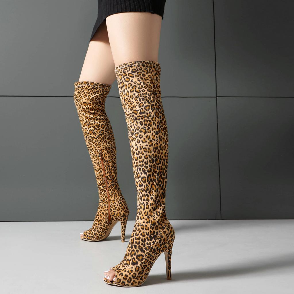 Women Over The Knee Stretch Boots Sexy Peep Toe Stiletto High Heels Thigh High Long Booties Side Zipper Summer Fall Sandals