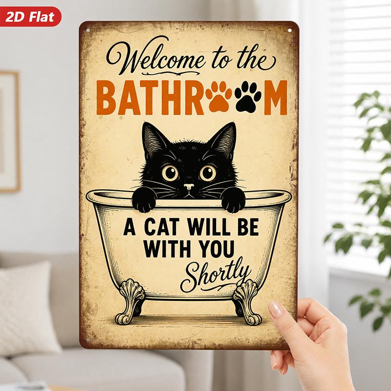 2D Flat, 1pc Metal Sign Wall Art, Cute Cat in Bathtub Home Decor, with "Welcome to The BATHROOM" Text, Cartoon Style, Ideal for Bathroom, Living Room,