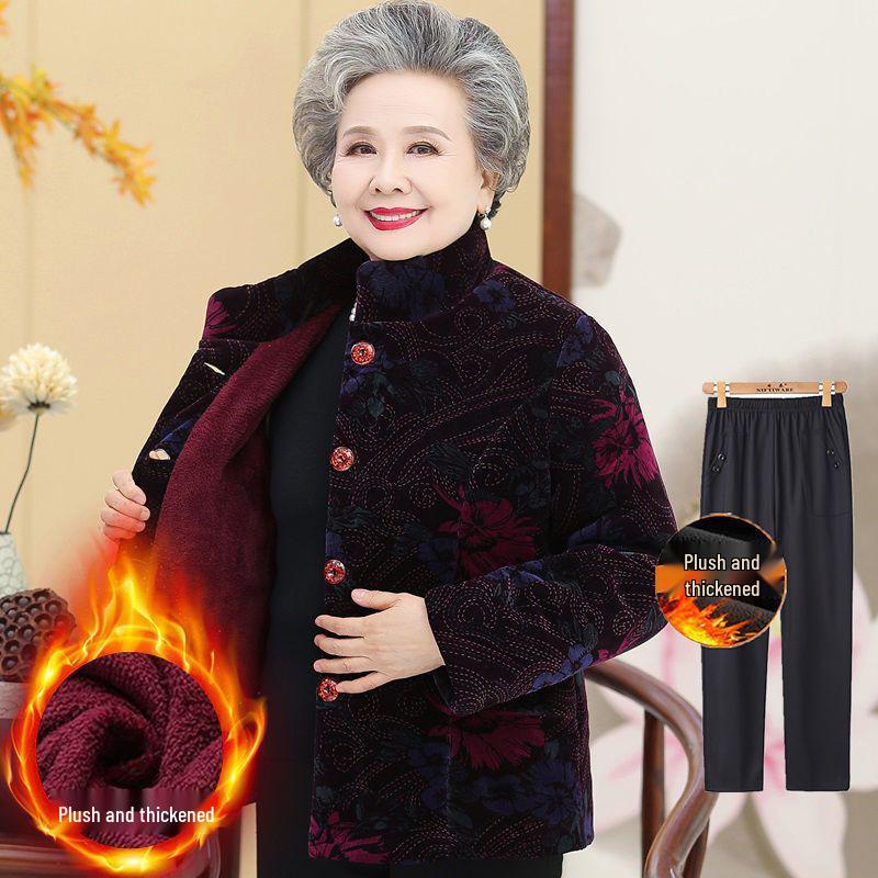Fleece-Lined Winter Jacket for Middle-Aged and Elderly Women: Grandma Style, Thickened Cotton, Two-Piece Set (Top and Jacket).
