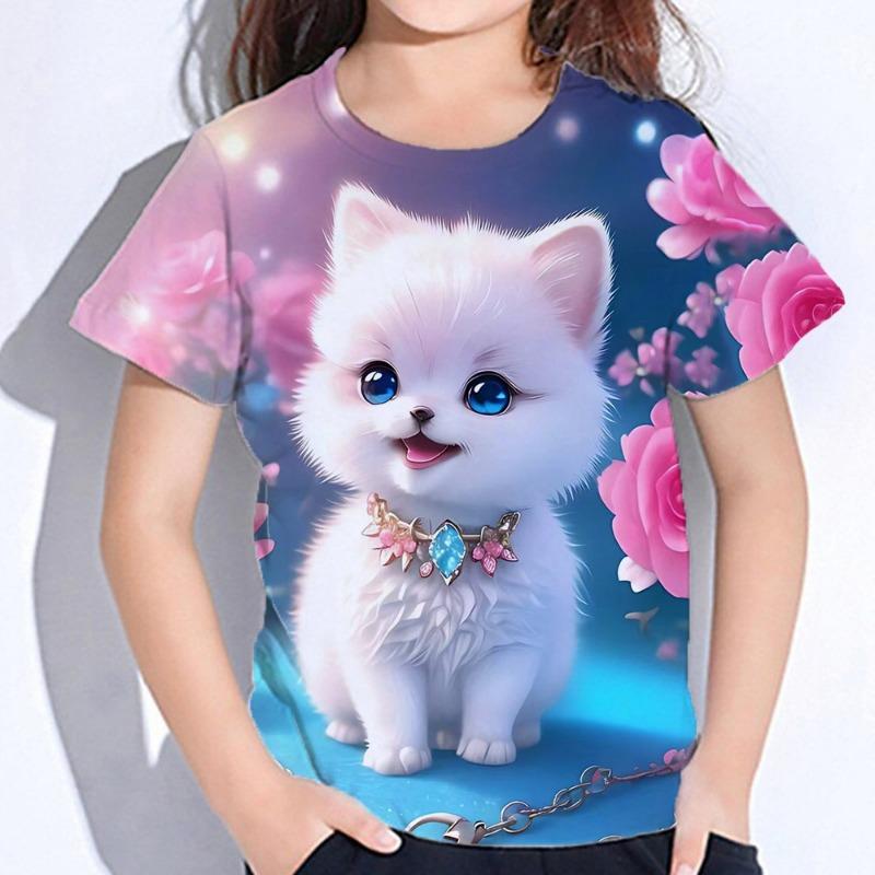Abbigliamento per Bambini Ragazza T-shirt Manica Corta Stampa Gatto Cartone Animato 3D Vestiti Estivi per Bambini Moda Carina Abbigliamento per Ragazze Top in Poliestere