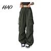 Women Cargo Pants Hip Hop Baggy Solid Color Multi Pockets Lady Trousers Elastic Waist Match Top Loose Breathable Clothes