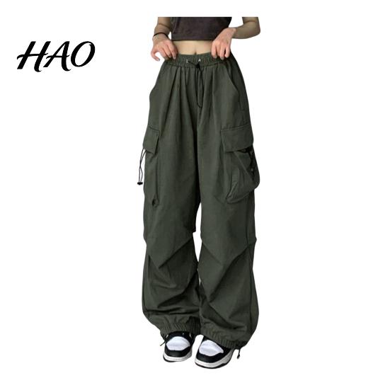 Women Cargo Pants Hip Hop Baggy Solid Color Multi Pockets Lady Trousers Elastic Waist Match Top Loose Breathable Clothes