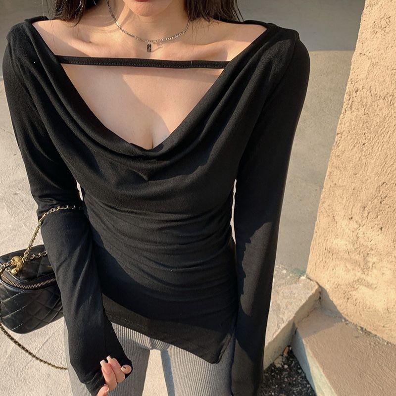Sexy Slim Fit Off Shoulder Long Sleeve T-Shirt Women Pure Color Daily Casual Top