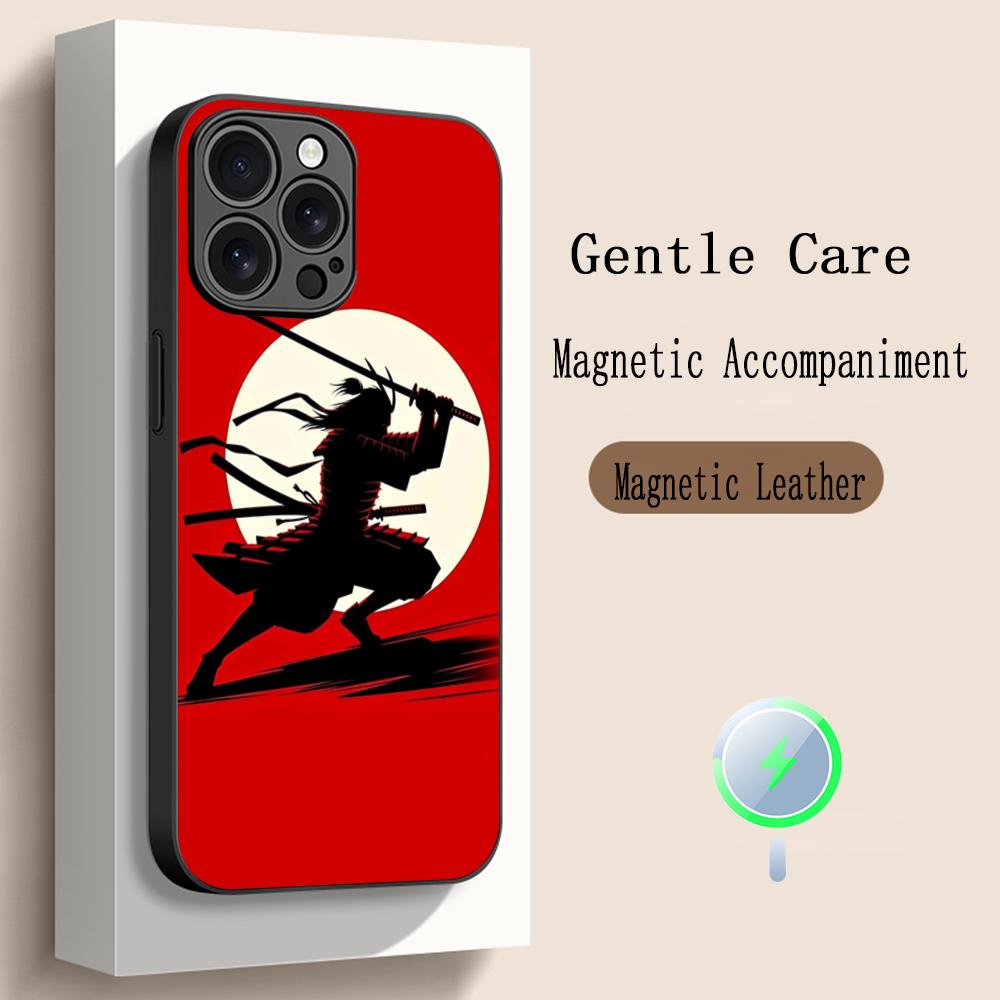 Fantasma cool japanische Samurai-Malerei Handyhülle Für iPhone 17 16 15 14 13 12 Plus Pro Max High-End Luxus Magsafe Schaffell