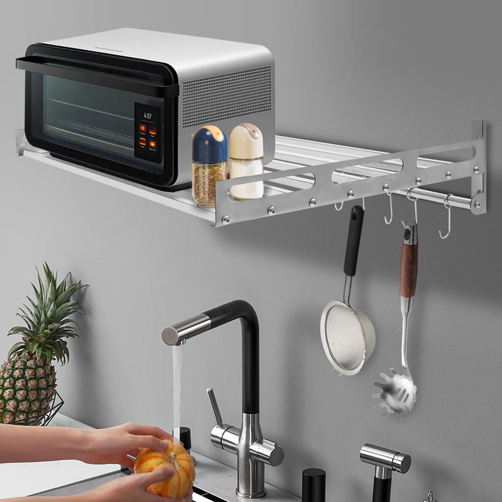 Expandable Wall-Mounted Microwave Oven Rack, Stainless Steel Kitchen Storage Shelf Suitable for Storage Tableware/Microwave Oven