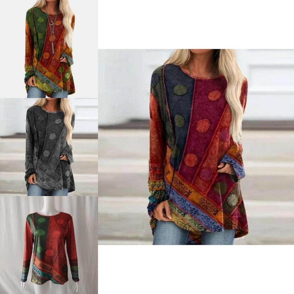 Plus Size Womens Hippie Boho Long Sleeve Tops With Soft Material And Floral Pattern