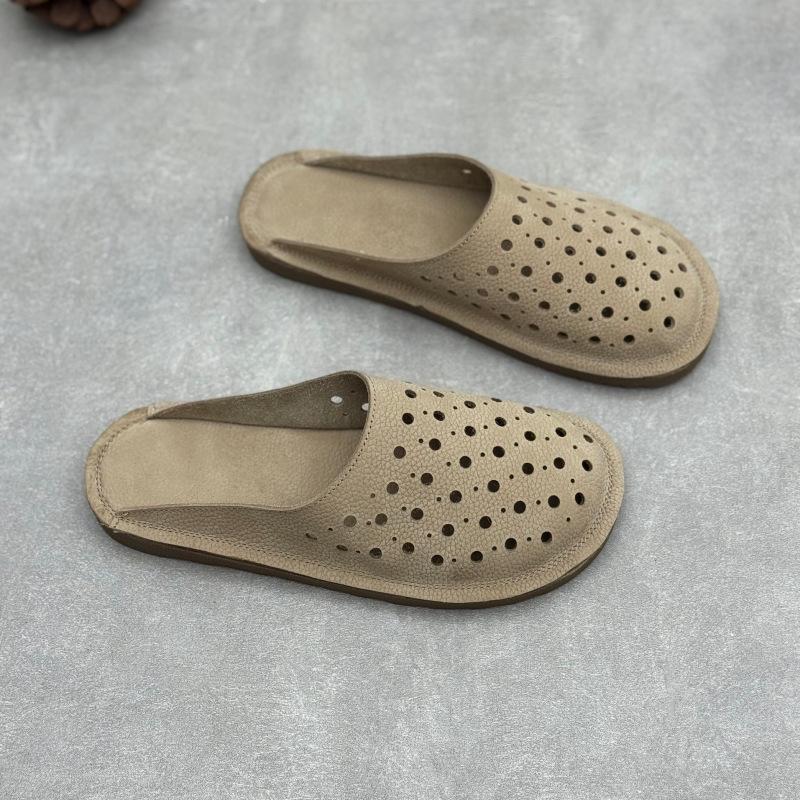 

Johnature Handmade Cowhide Slippers Round Toe Flat Hollow-out Breathable Genuine Leather Slides 35 абрикосовый