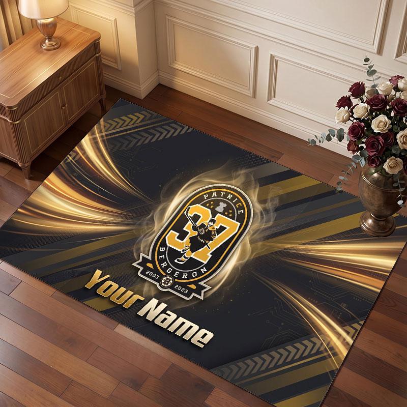 Boston Bruins Personalized Crystal Velvet Carpet, Customized Name Text Soft Anti‑Slip Rug for Living Room Bedroom
