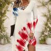 Women Criss Cross V Neck Long Sleeve Printed Navy Blue Fitted Curved Hem Dress
