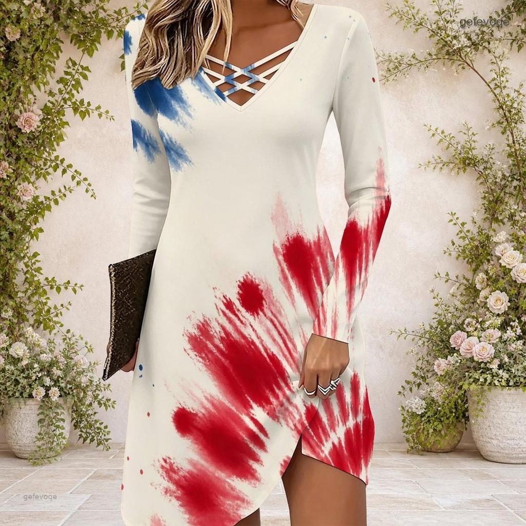 Women Criss Cross V Neck Long Sleeve Printed Navy Blue Fitted Curved Hem Dress