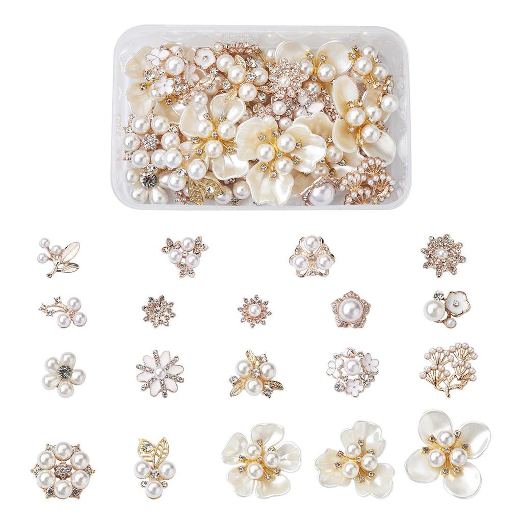 Beadthoven Approximately 38 Many Types Flowers Cabochons Pearls with Rhinestones Deco Parts Hairpins Hair Clips UV Resin Encapsulated Materials For