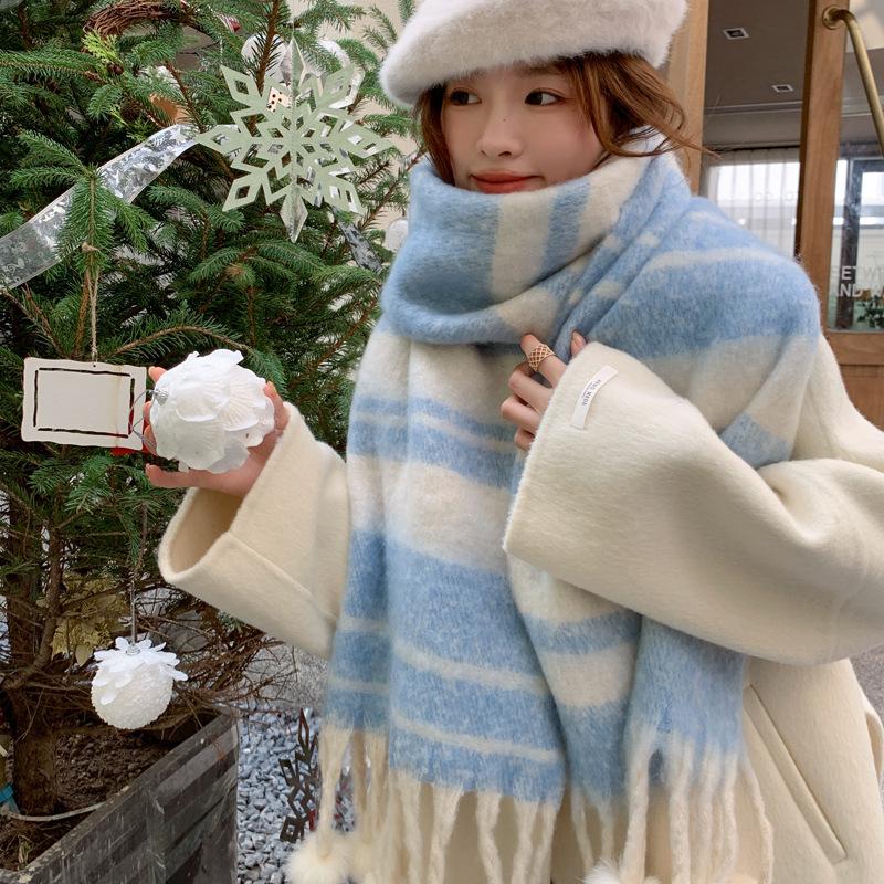 Small Fresh Rainbow Dopamine Scarf Girls Autumn and Winter Student Versatile Fringed Hairball Scarf