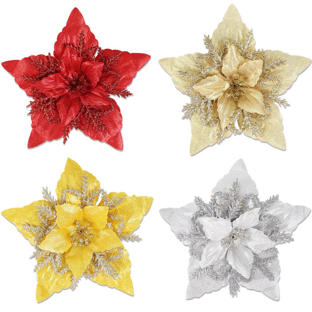 Beautiful 16cm Christmas Faux Flower Head With Glittery Gold Silver And Red Accents