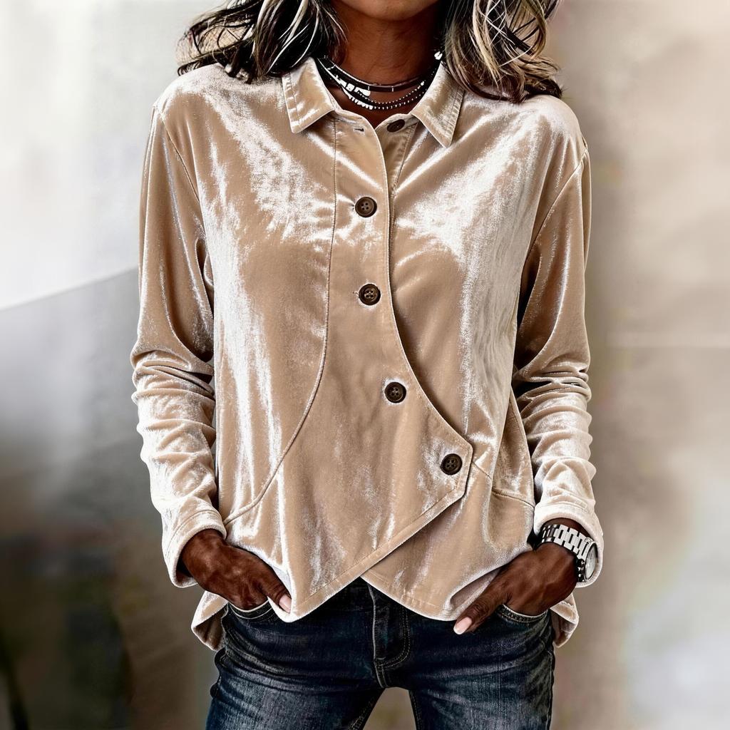 Women's Vintage Velvet Blouse with Lapel Collar and Irregular Buttons Casual Fashion Top
