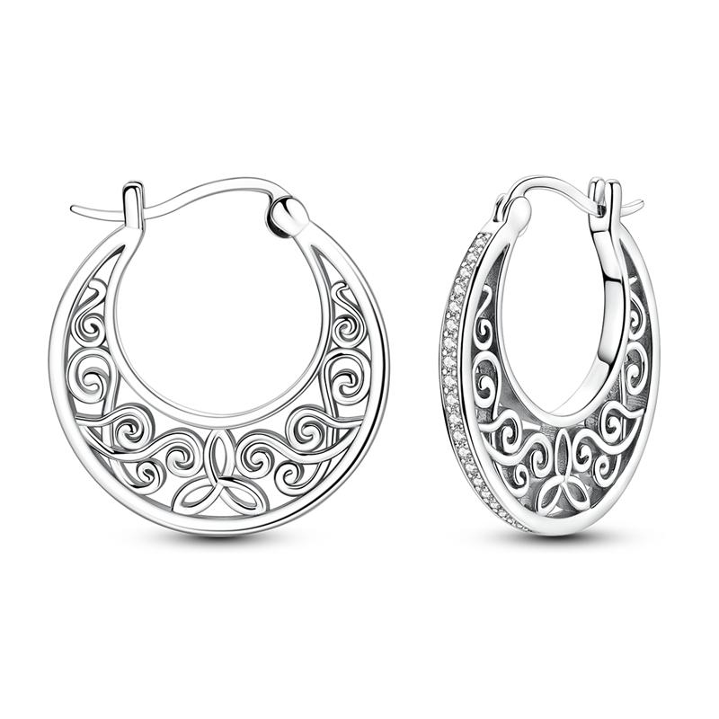 Original 925 Sterling Silver Zircon Loop Big Hoop Earrings For Women Vintage Pattern Elegant Jewelry Gift