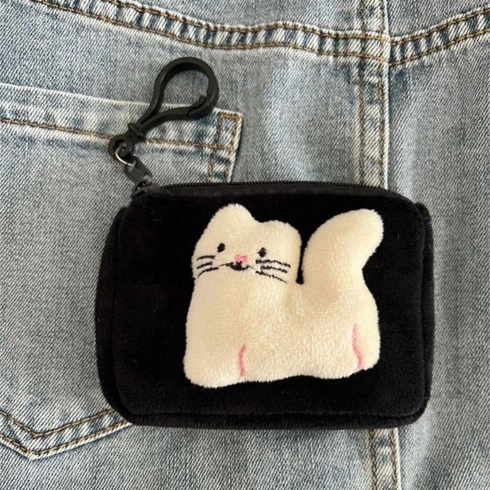 New Cute Anime Coin Purse Plush Round Earphone Storage Bag Portable with Black Pearls Mini Wallet Girly Gift