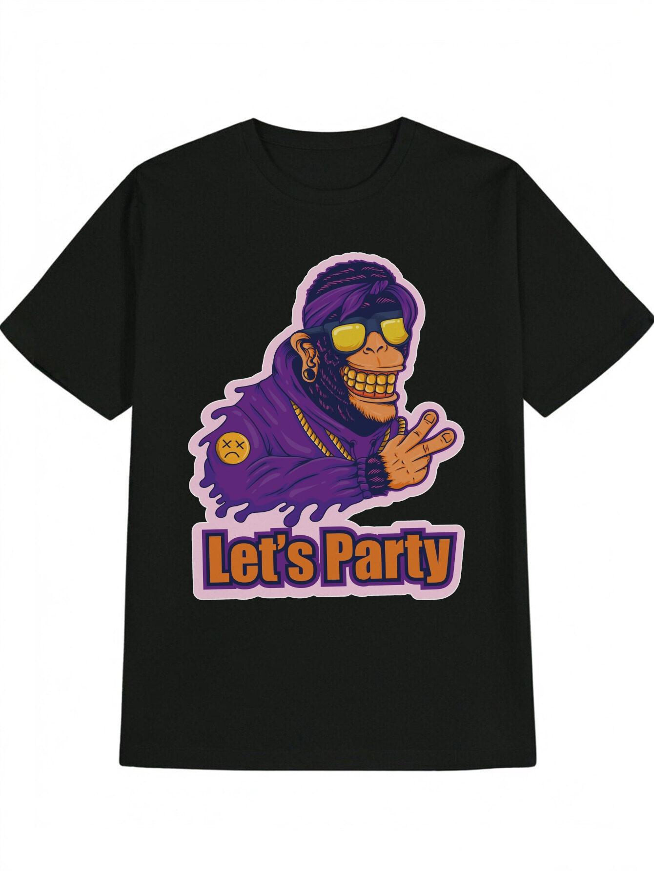 Casual Versatile Round Neck T-shirt with Cartoon Monkey Purple Hair Print XXL