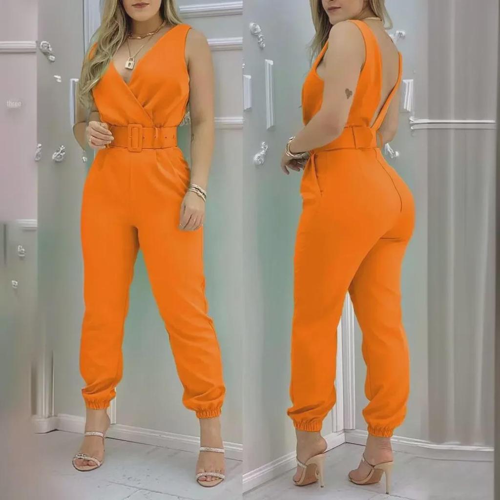 2022 Spring/Summer European & American V-Neck Backless Printed High Waist Women's Jumpsuit (With Belt)