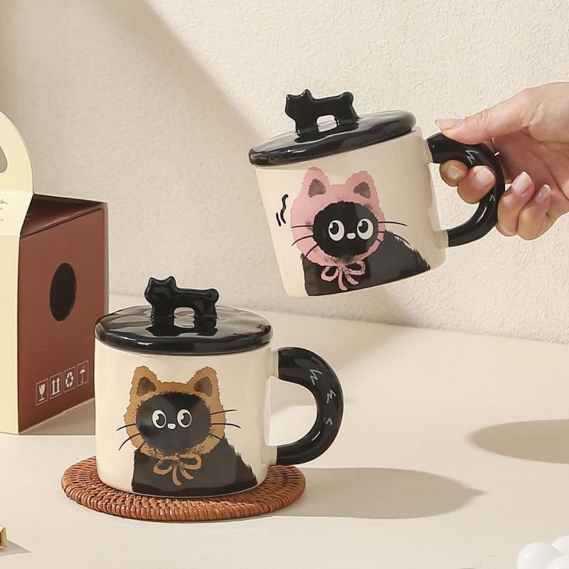 Adorabile Tazza Gatto con Coperchio - Tazza da Caffè in Ceramica per Regalo d'Ufficio per Ragazze