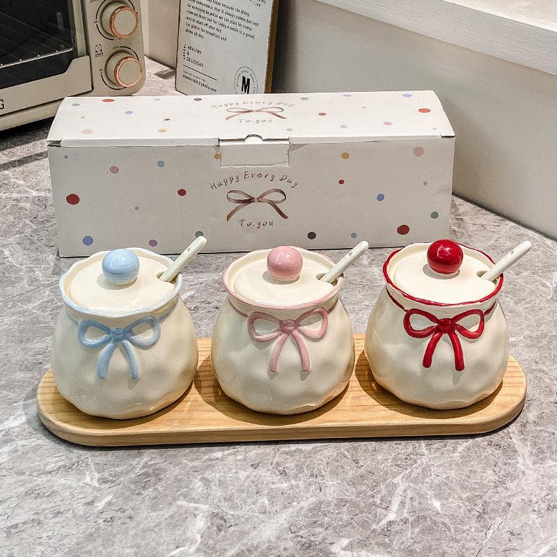 Cute bow seasoning jar kitchen household combination set ceramic seasoning box pepper salt jar spice storage box