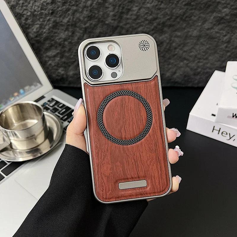 

Frameless Wood Grain Leather PC Magnetic Case for IPhone 16 15 14 13 12 Pro Max Plus 16Pro IPhone16 ProMax Mag safe Phone Cover iPhone 14 Pro червоний
