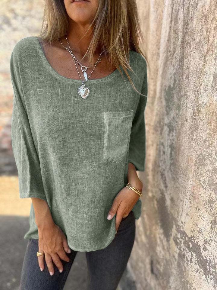 

2024 European-Style Casual Cotton Linen Round Neck Solid Color Women s T-Shirt S світло-зелений колір