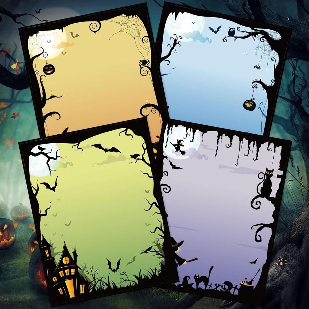 Whaline 60 Sheet Halloween Stationery Paper 4 Gothic Style Border Letterhead Vintage Skull Rose Castle Writing Paper for Invitation Office Printing,