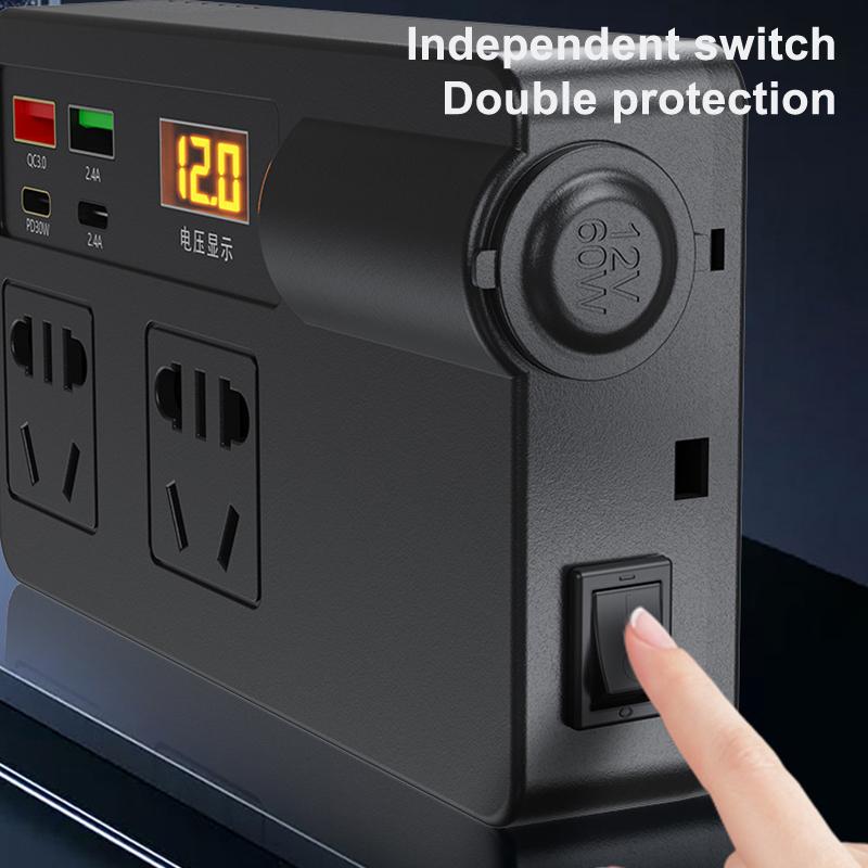 Auto-Wechselrichter 200W DC 12V/24V zu AC 220V Konverter Ein/Aus-Schalter QC 3.0 USB/PD/Type-C Ladegeräte Netzteil Spannungserkennung