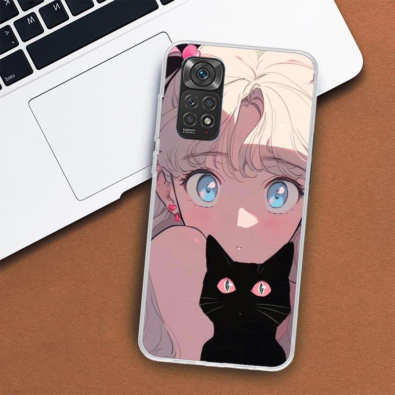 Anime Girls Cute Black Cat Phone Case For Xiaomi Redmi Note 12 12S 11 11S 10 10S 9 9S 11T 11E Pro Plus 8 8T 7 5 9T + Coque Cover