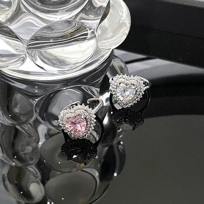 Love Diamond-Set Pink Zircon Colored Treasure Ring, Women'S Light Luxury High-End Sense Cold Wind Niche Design Open Ring