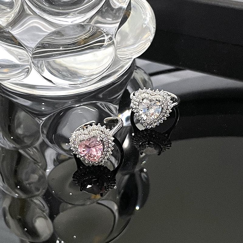 Love Diamond-Set Pink Zircon Colored Treasure Ring, Women'S Light Luxury High-End Sense Cold Wind Niche Design Open Ring