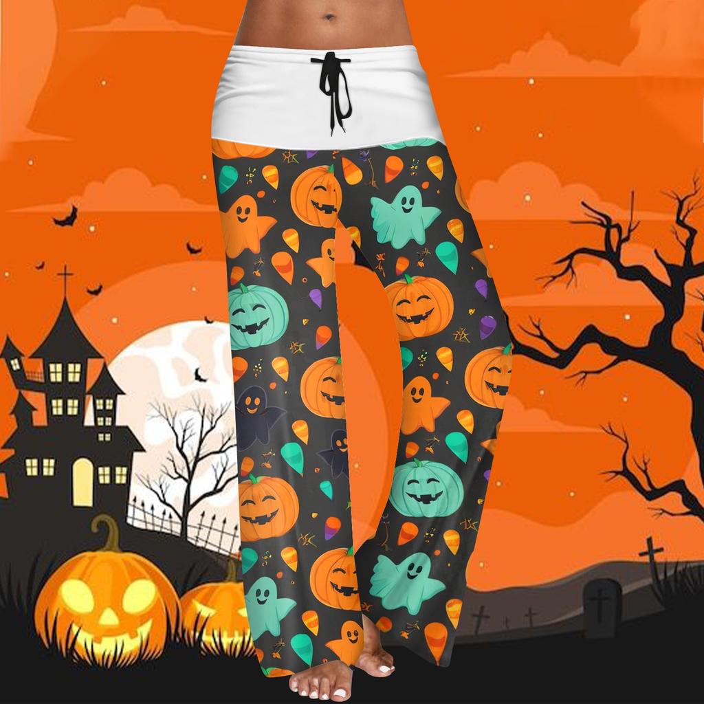 Women's Drawstring Elastic Waistband Wide Leg Color Matching Halloween Printed Casual Pants