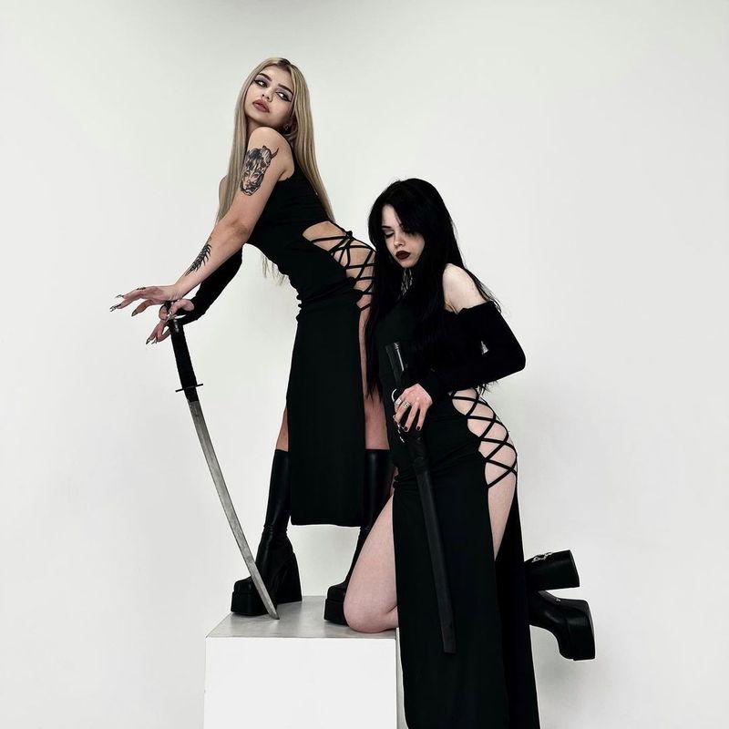 

Kkx European and American Sexy Sexy Wind Cut Out Side Slit Tied Dress Waste Soil Wind Silm Show Thin Black Long Skirt Black L