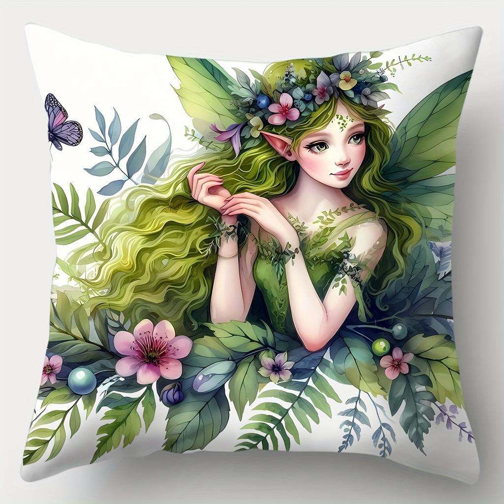 Fairy Pillowcase, Dreamy Green Elf Design with Flowers & Wings for Fantasy Fans, Soft Cotton Decorative Cushion Cover