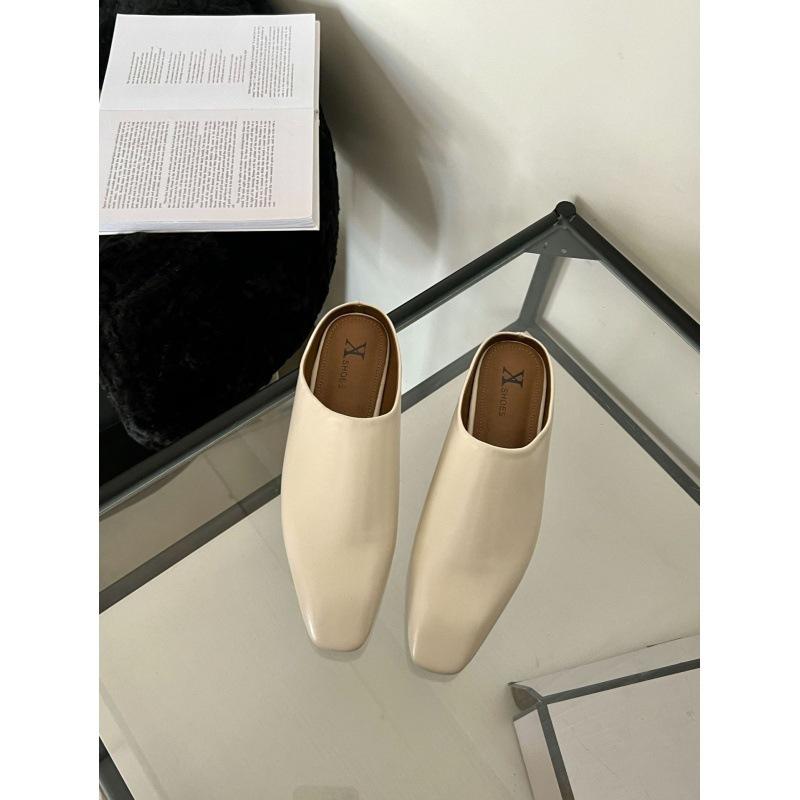 2025 primavera y otoño nuevo bolso versión coreana cabeza arrastre medio simple cabeza cuadrada retro zapatillas perezosas medias zapatillas zapatos planos