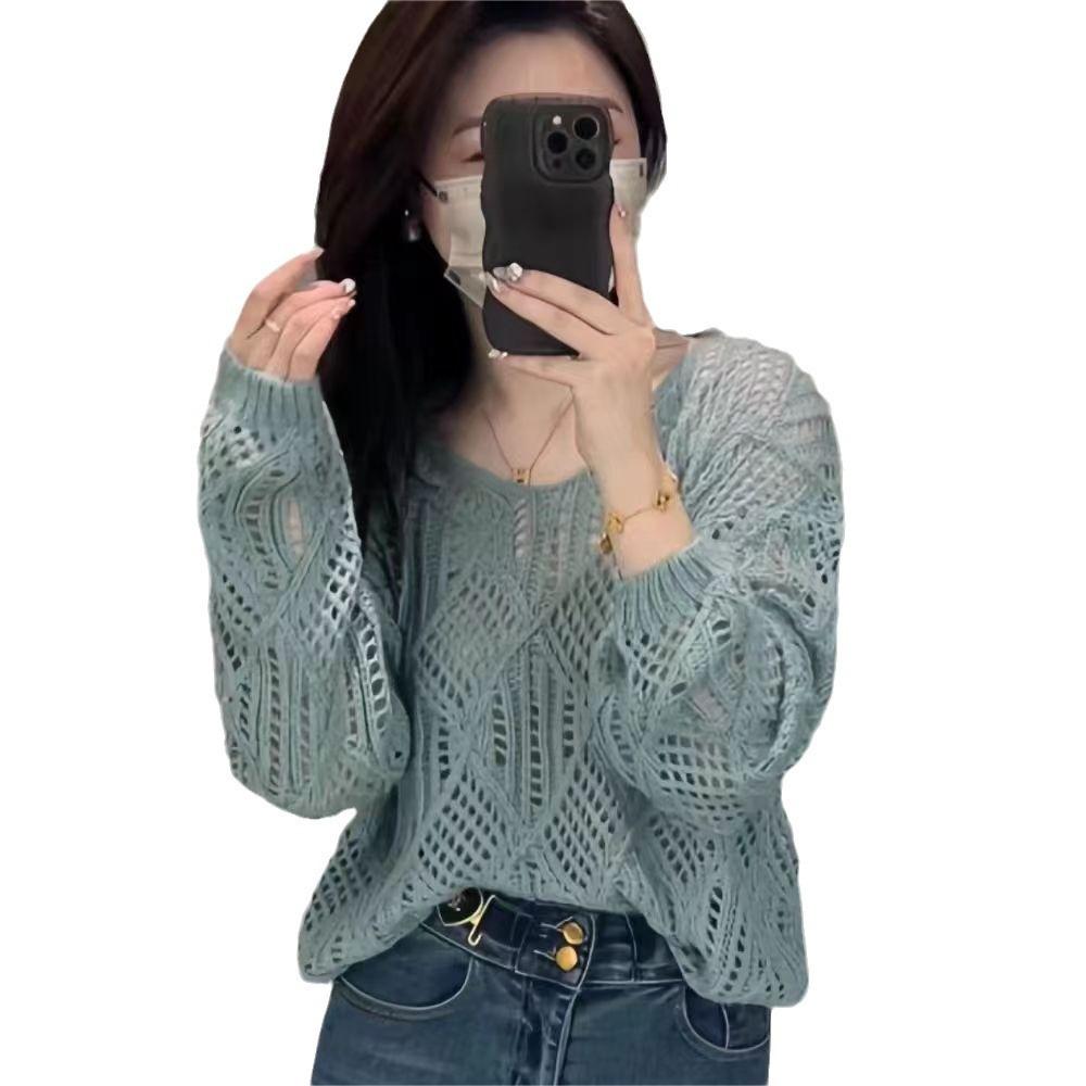 Summer diamond fresh and sweet blouse thin loose and versatile sexy perspective hollow knitted sweater women