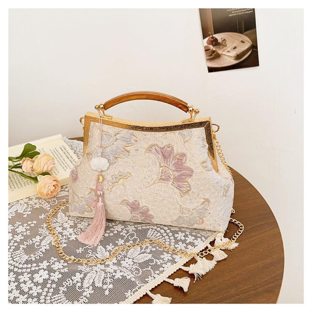 Shoulder Bag Women Cloth Embroidery Floral Chain Strap Daily Commute