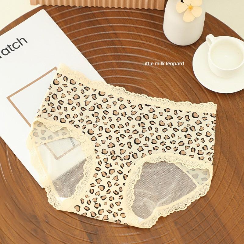 Lady Summer Pure Desire Sexy Bow Lace Edge Leopard Print Hollow Breathable Triangle Briefs L