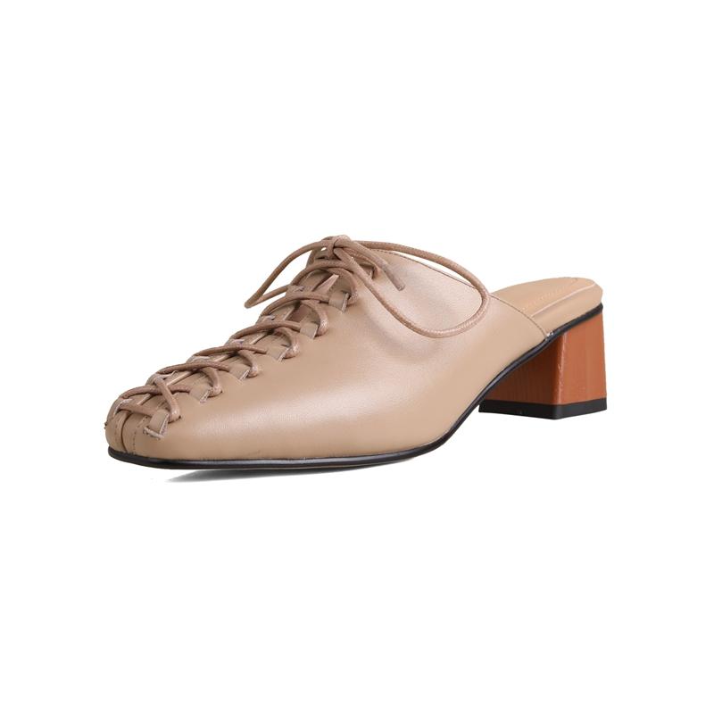 Fashion 2024 Women's New Spring/Summer Square Headed Genuine Leather Lace Up Middle Heel Large Headed Muller Slippers