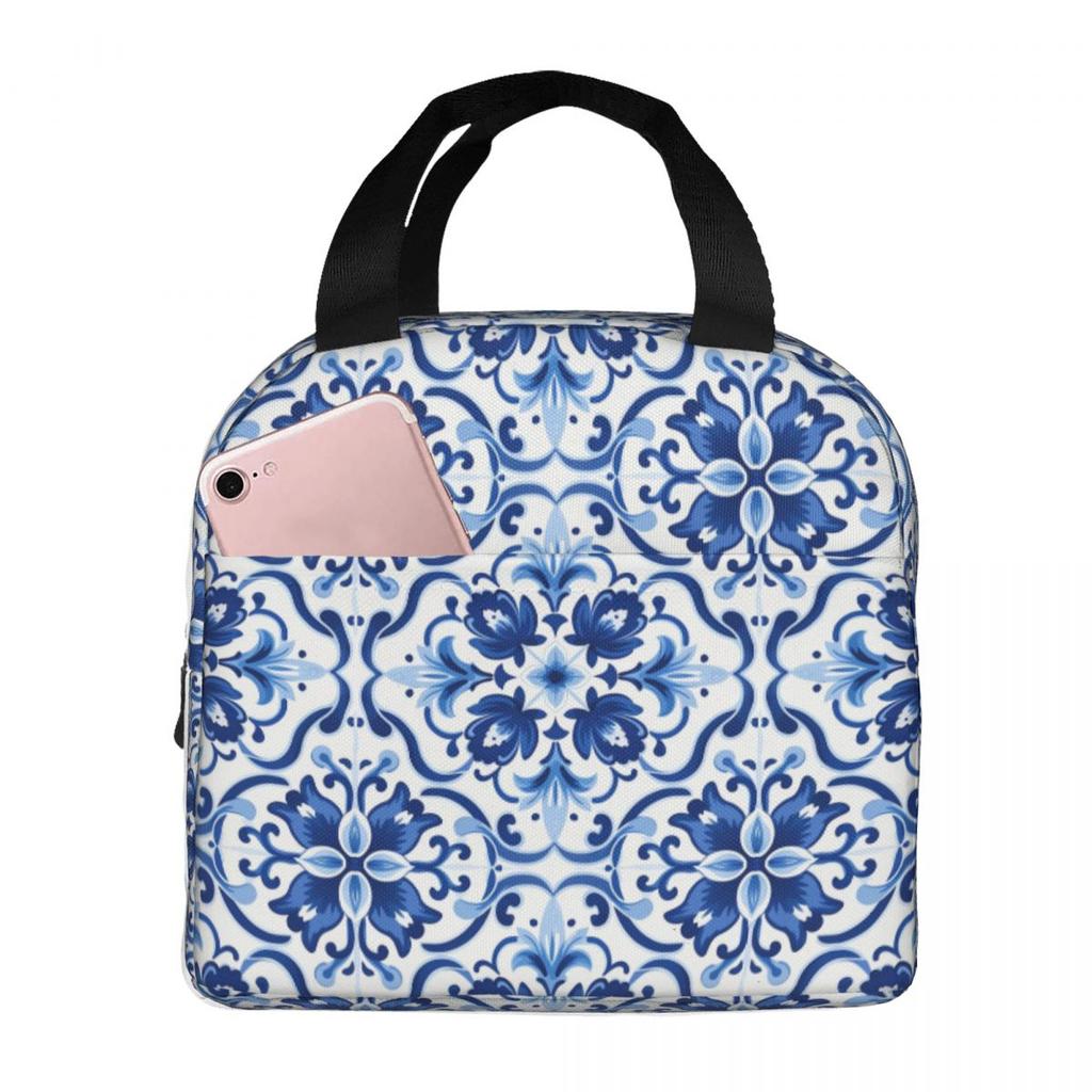 Antique Blue Azulejo Tile Floral Insulated Lunch Bag for Women Kids Portable Food Boxes Thermal Lunch Box Tote