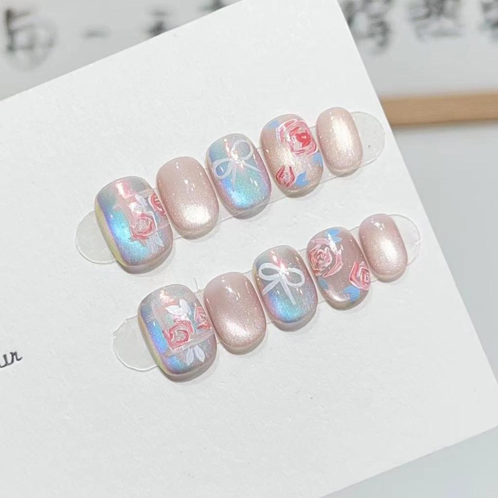 Rose-Bow Cat-Eye Nail Art Press On Nails Removable Short Design For Women